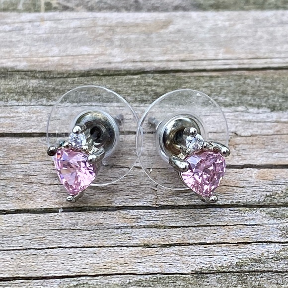 SOLD Pink Crystal Topaz heart stud earrings with white cz accent antiqued silver - Picture 3 of 9